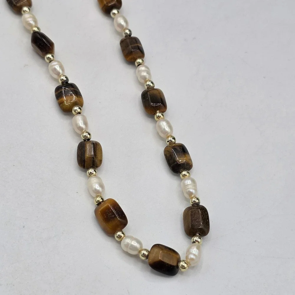 Tigers Eye Freshwater Pearl Beaded Necklace Brown Gold White 18.5 Inch Boho